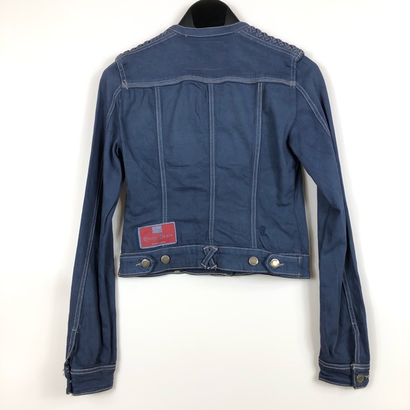 Rustic Denim Distressed Denim Jacket With Woven Leather Shoulder Size M Juniors - Picture 3 of 12